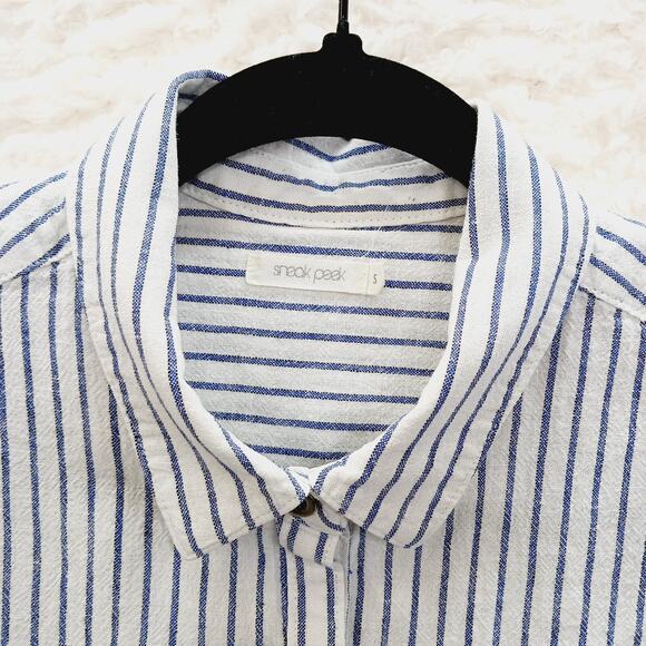 Blouse Size S Navy Linen Button-Up Stripe Preppy Coastal Classic Academia Cruise - Picture 7 of 16